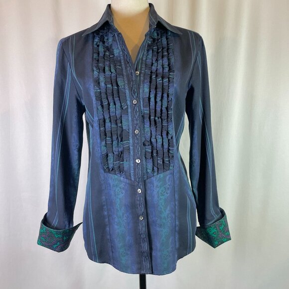 Robert Graham Tops - Robert Graham Size L Blue Green Button Down Cotton Ruffle Paisley Long Sleeve